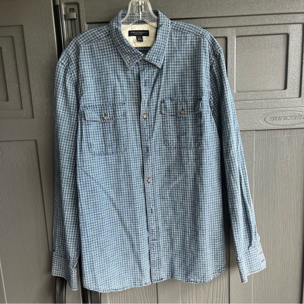Banana Republic mens utility plaid shirt blue white VGUC large